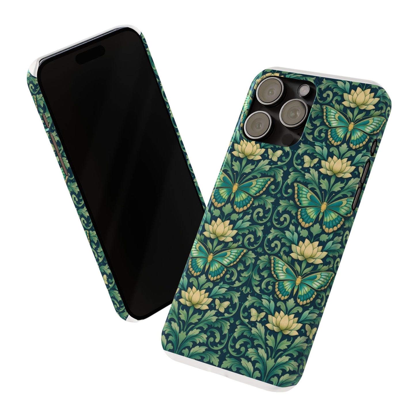 Slim Phone Case — Vintage Green Butterfly & Lotus Pattern