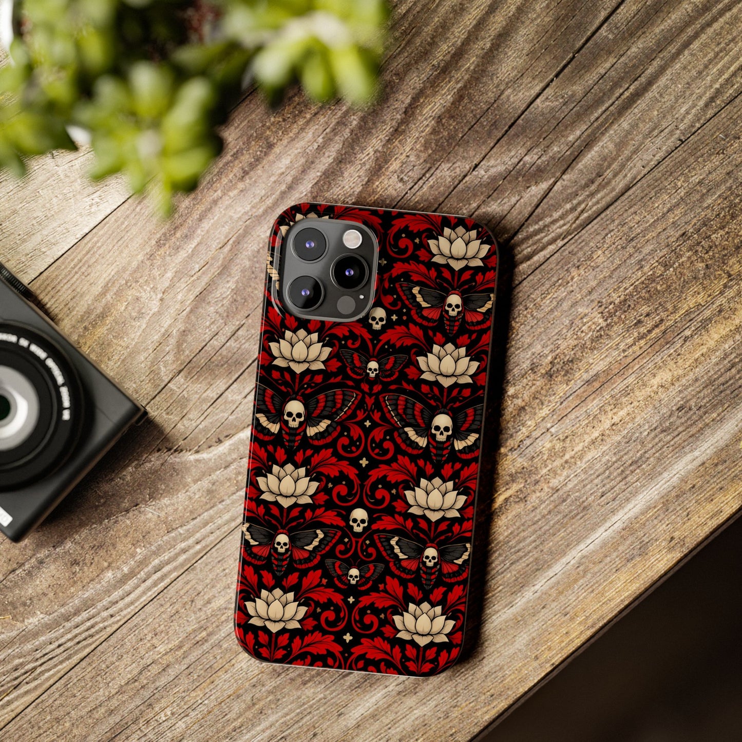 Gothic Skull & Lotus Slim Phone Case — Red Damask Moth Pattern