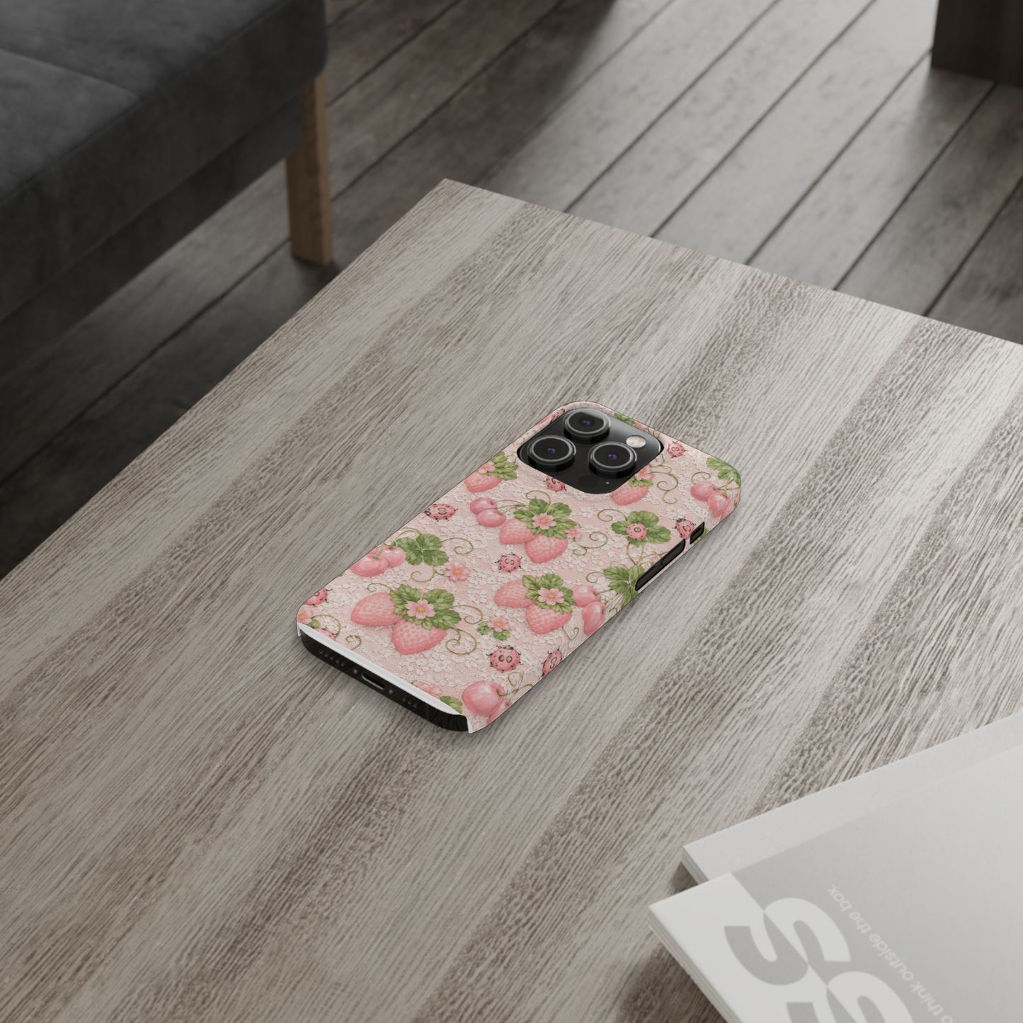 Strawberry Pattern Slim Phone Case — Vintage Pink Floral Fruit Design