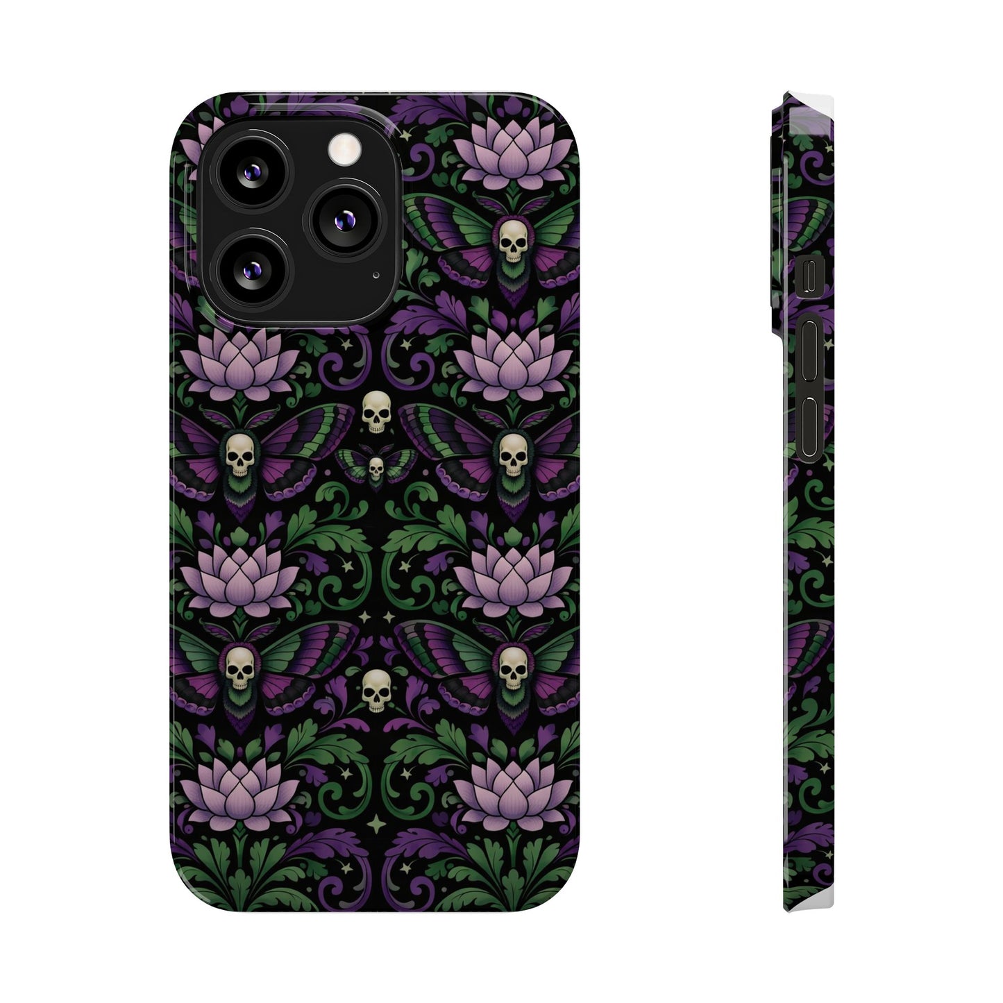 Gothic Lotus & Skull Slim Phone Case — Dark Floral Pattern for iPhone