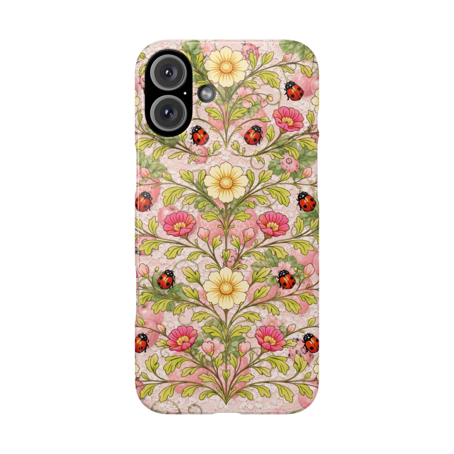 Floral Ladybug Slim Phone Case — Vintage Botanical Pink Garden Design