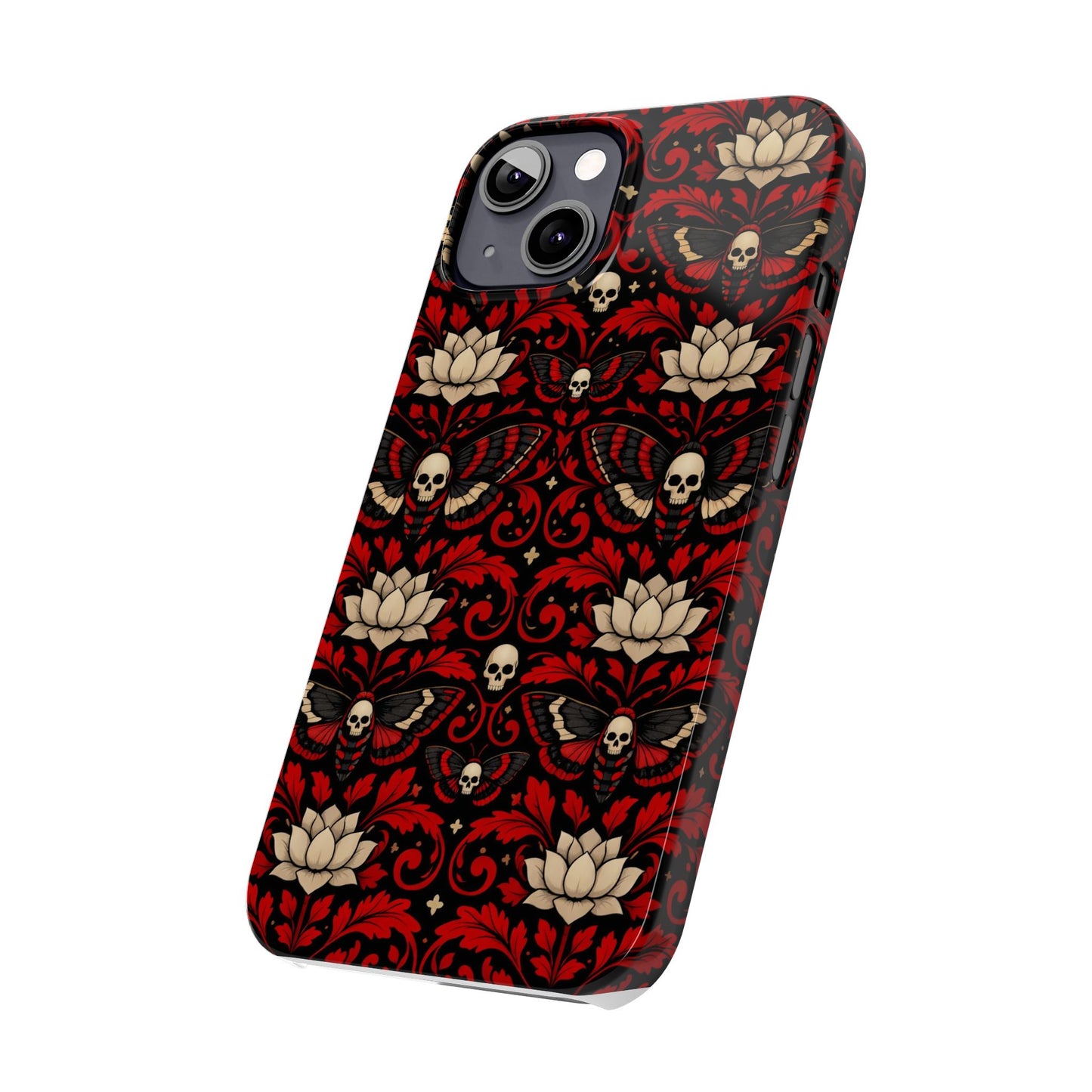 Gothic Skull & Lotus Slim Phone Case — Red Damask Moth Pattern
