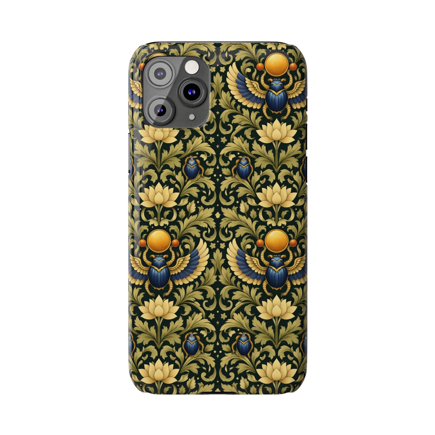 Slim Phone Case — Vintage Egyptian Scarab & Lotus Pattern (Gold on Olive)