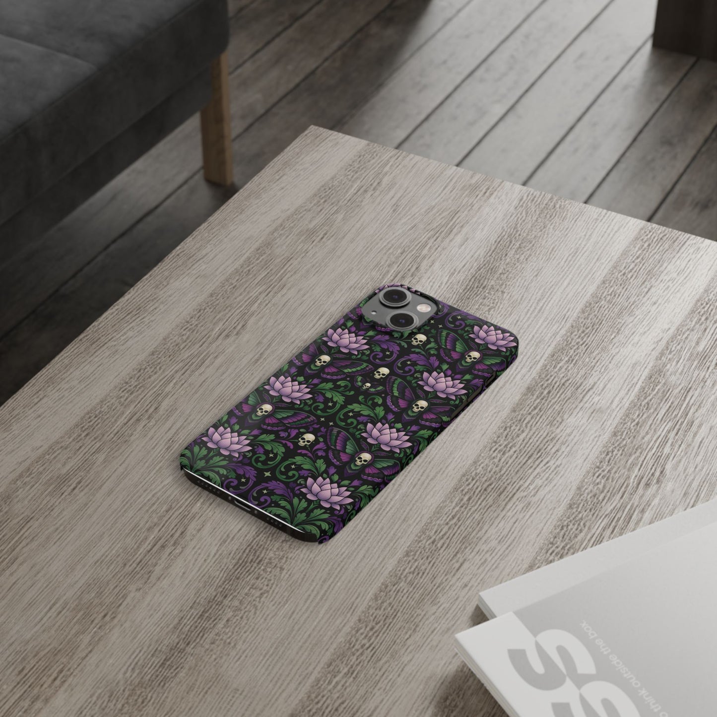 Gothic Lotus & Skull Slim Phone Case — Dark Floral Pattern for iPhone
