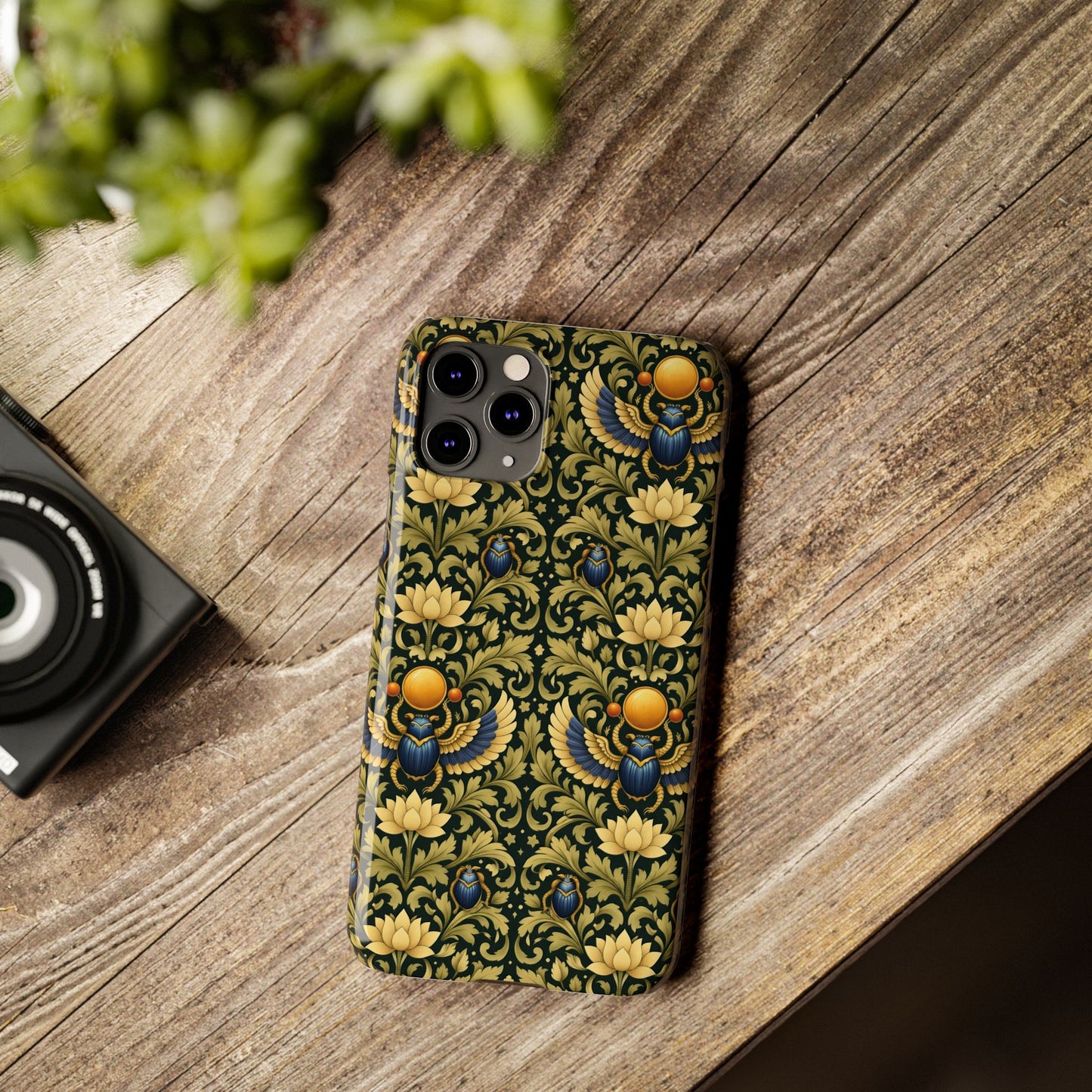 Slim Phone Case — Vintage Egyptian Scarab & Lotus Pattern (Gold on Olive)