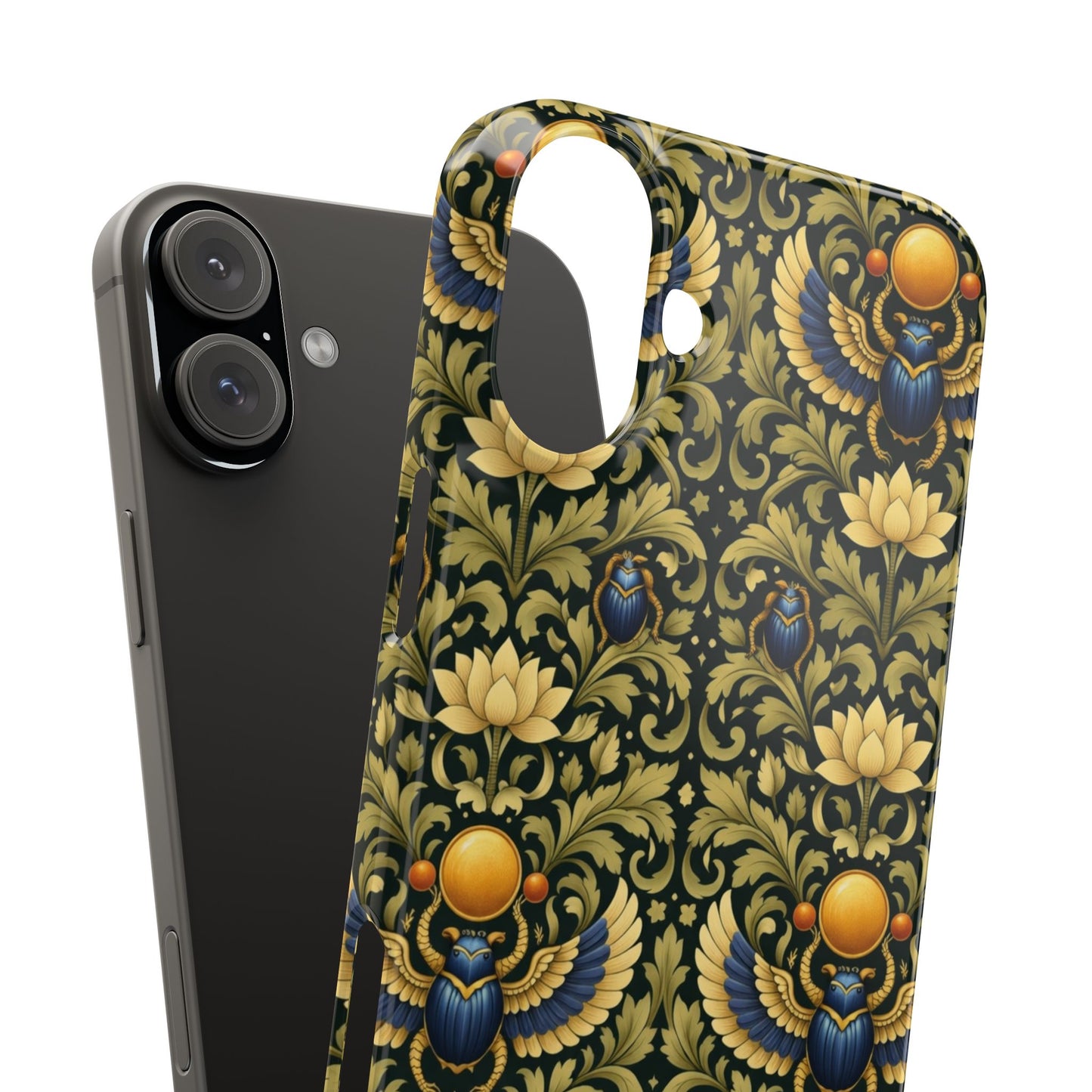 Slim Phone Case — Vintage Egyptian Scarab & Lotus Pattern (Gold on Olive)