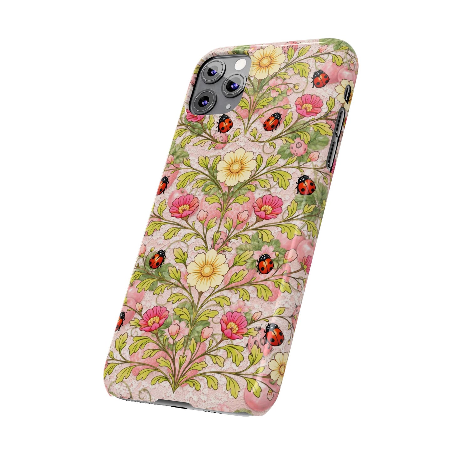 Floral Ladybug Slim Phone Case — Vintage Botanical Pink Garden Design