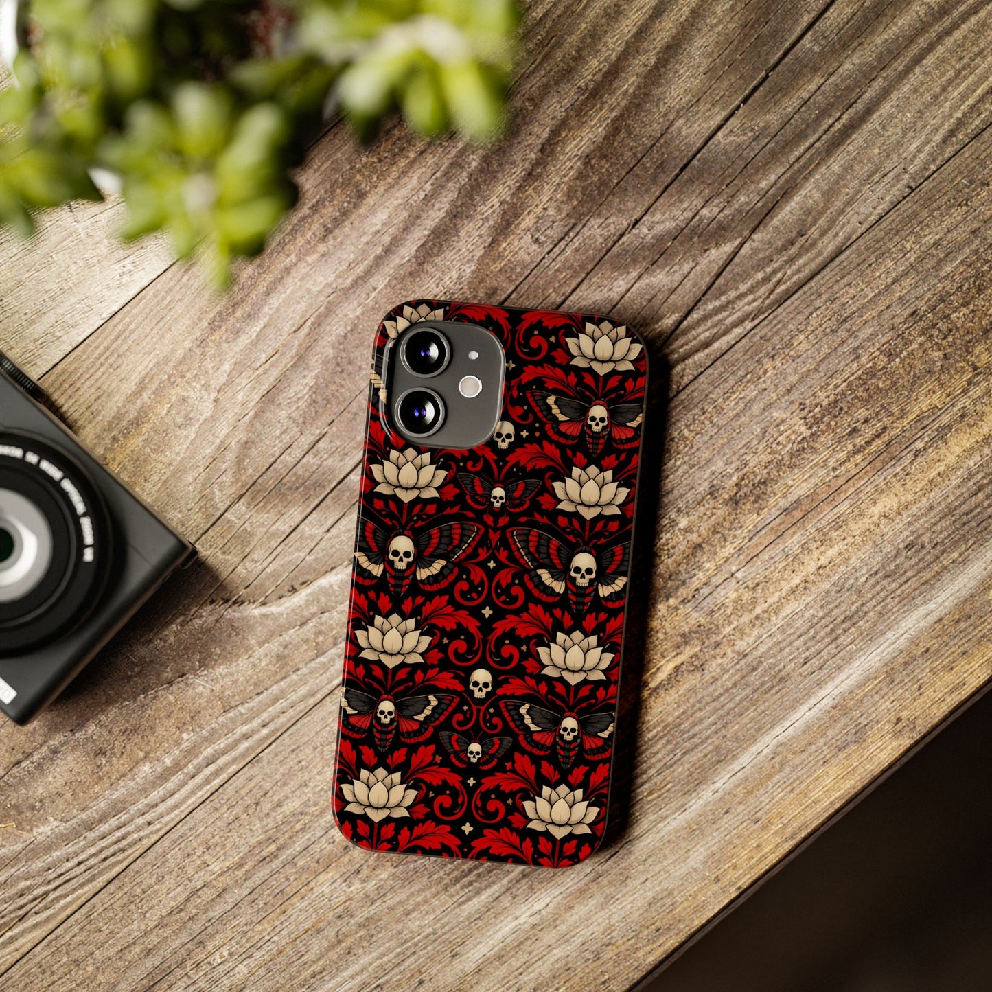 Gothic Skull & Lotus Slim Phone Case — Red Damask Moth Pattern