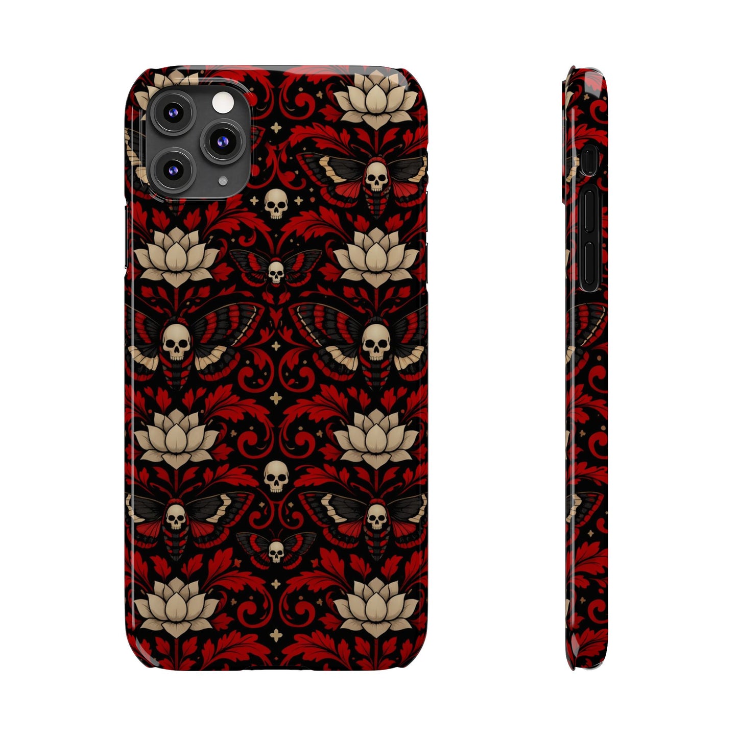 Gothic Skull & Lotus Slim Phone Case — Red Damask Moth Pattern