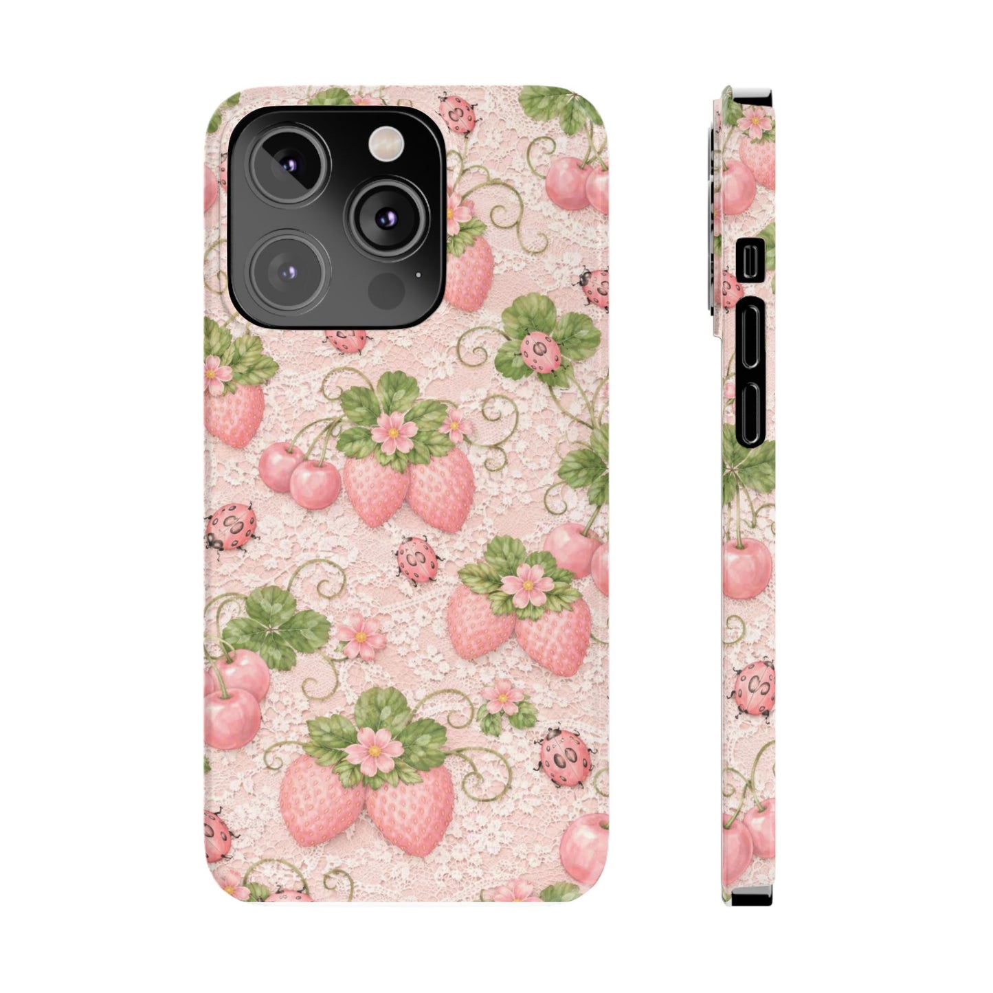 Strawberry Pattern Slim Phone Case — Vintage Pink Floral Fruit Design