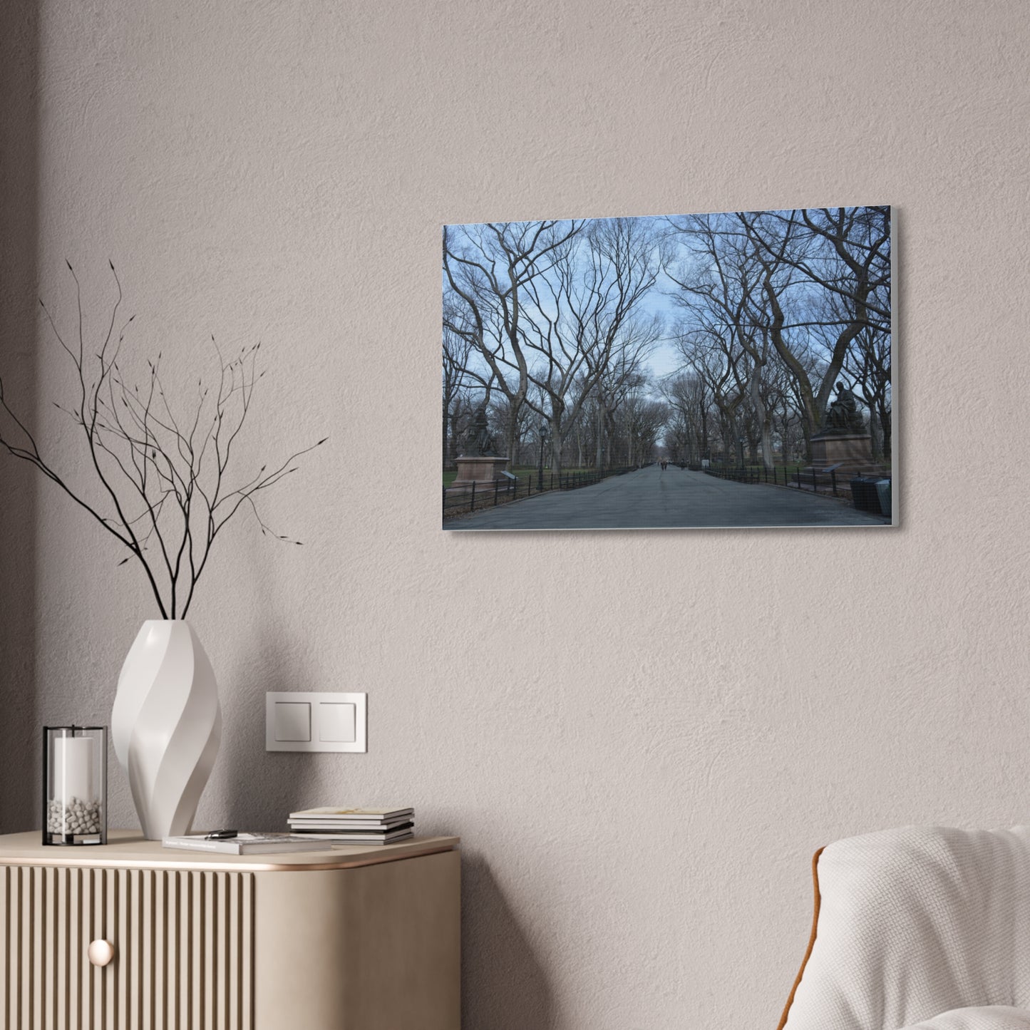 Leafless Tree Lined Path Canvas Stretched | Central Park In Winter Landscape Wall Art