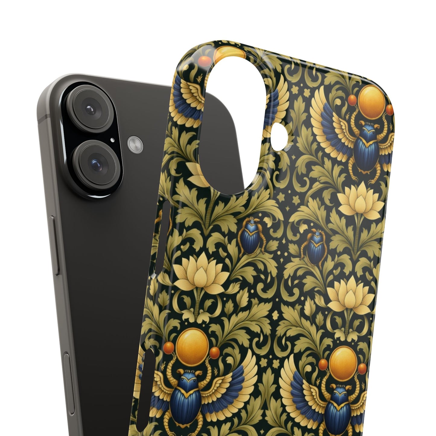 Slim Phone Case — Vintage Egyptian Scarab & Lotus Pattern (Gold on Olive)