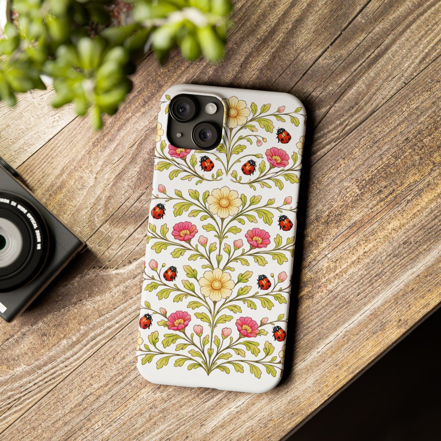Floral Ladybug Slim Phone Case — Vintage Garden Pattern