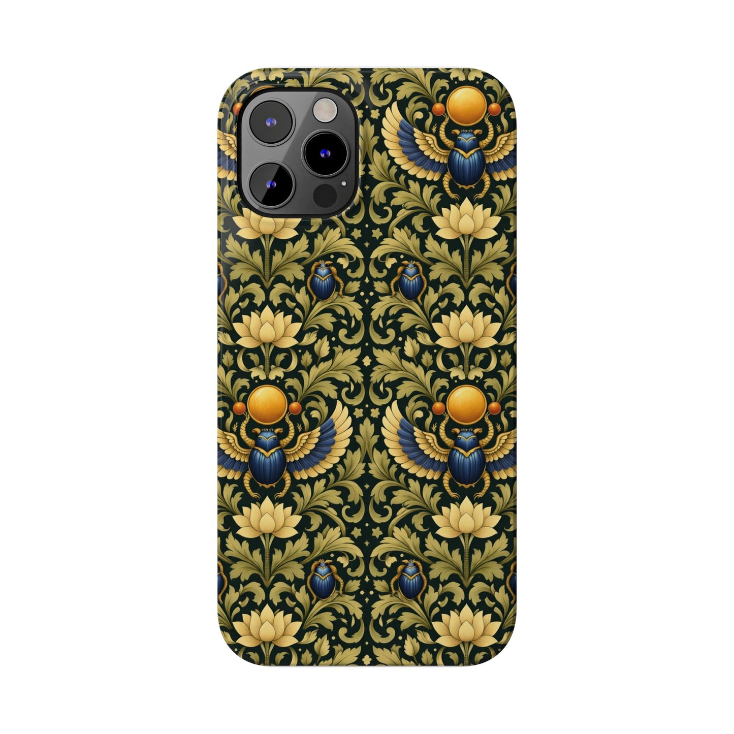 Slim Phone Case — Vintage Egyptian Scarab & Lotus Pattern (Gold on Olive)