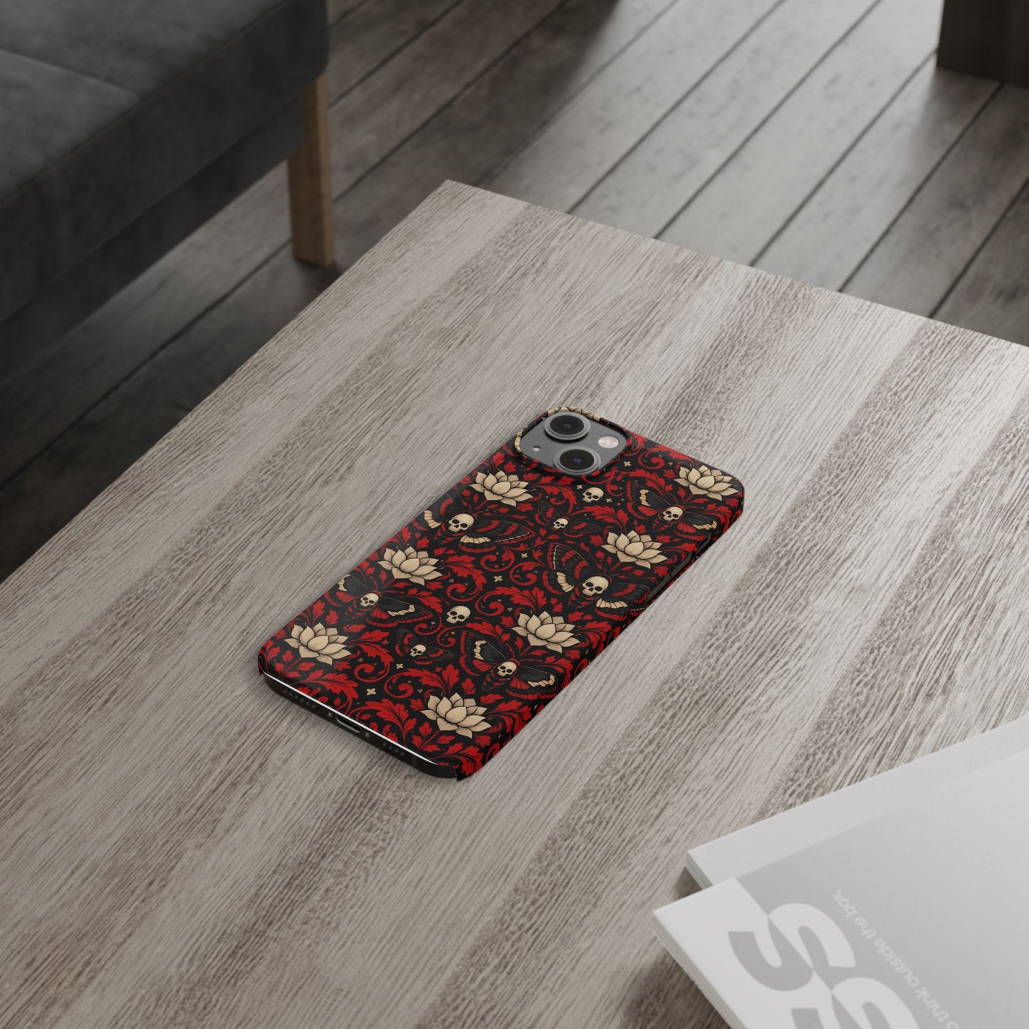 Gothic Skull & Lotus Slim Phone Case — Red Damask Moth Pattern