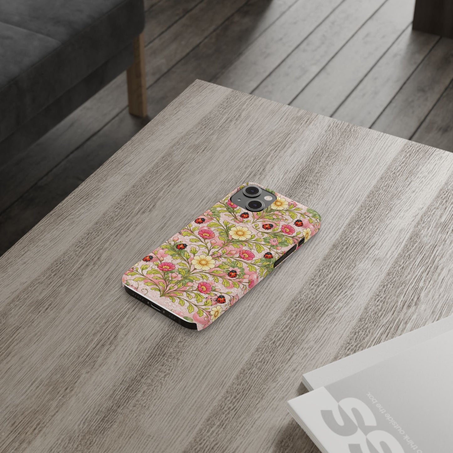 Floral Ladybug Slim Phone Case — Vintage Botanical Pink Garden Design