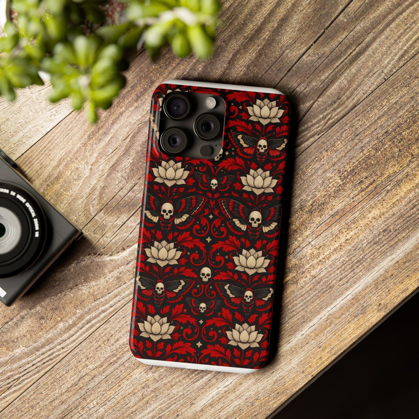 Gothic Skull & Lotus Slim Phone Case — Red Damask Moth Pattern