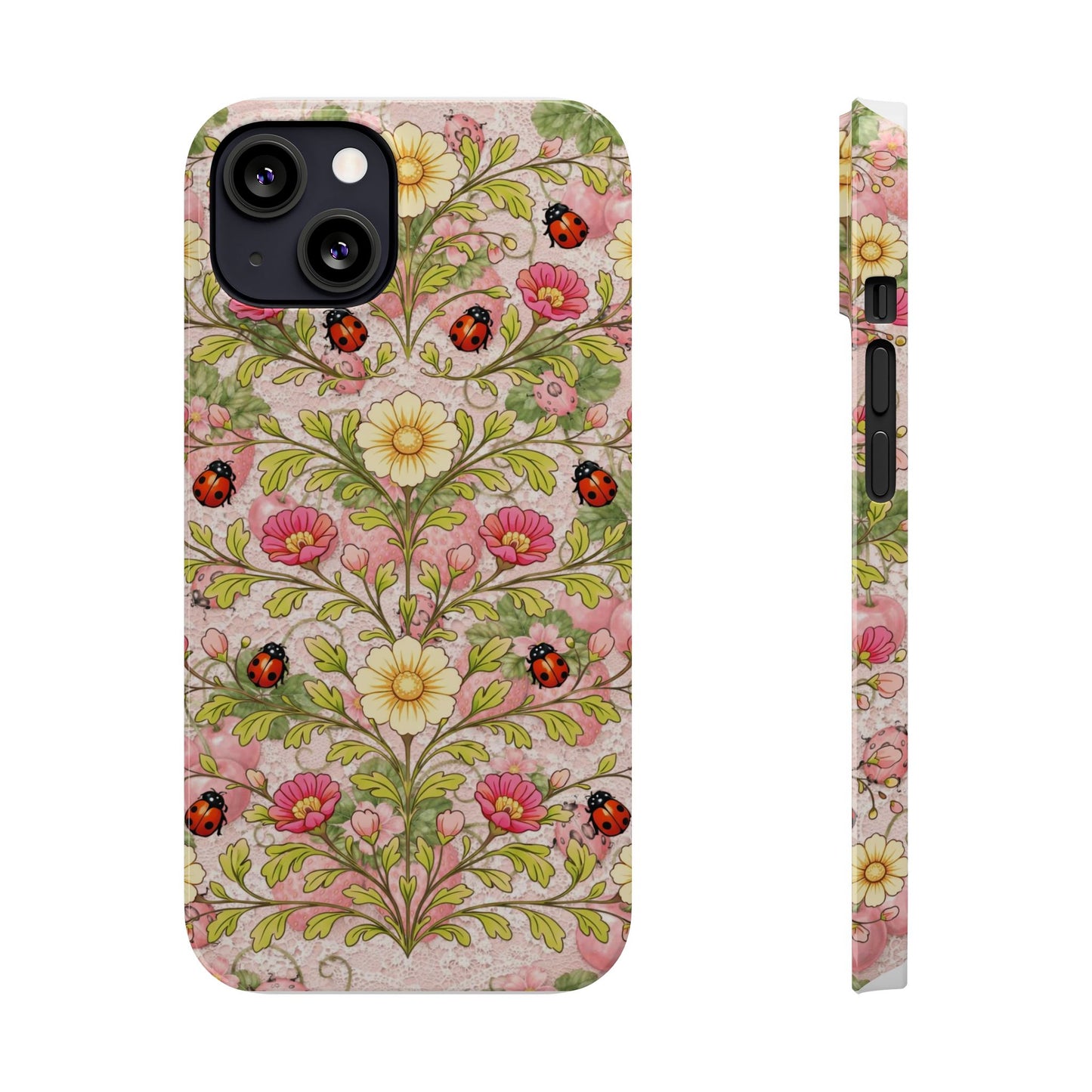 Floral Ladybug Slim Phone Case — Vintage Botanical Pink Garden Design