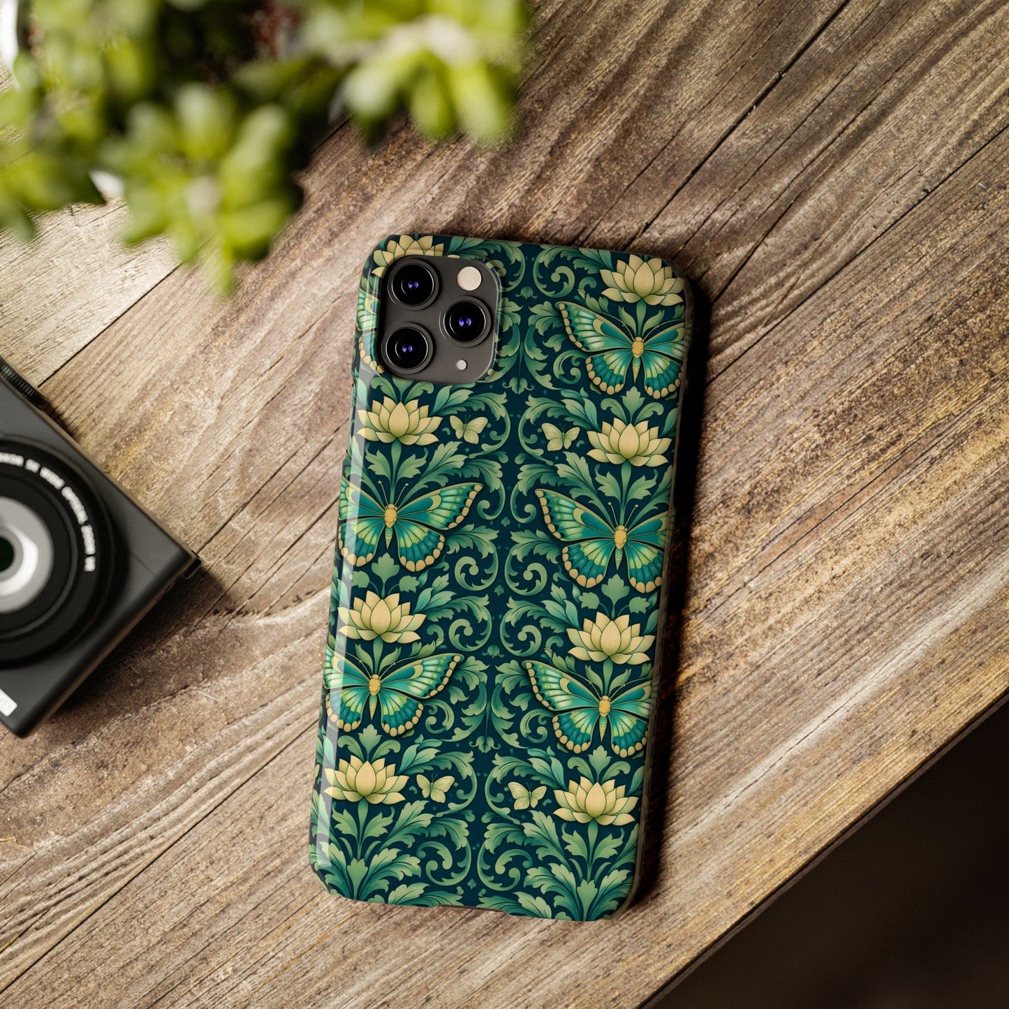 Slim Phone Case — Vintage Green Butterfly & Lotus Pattern