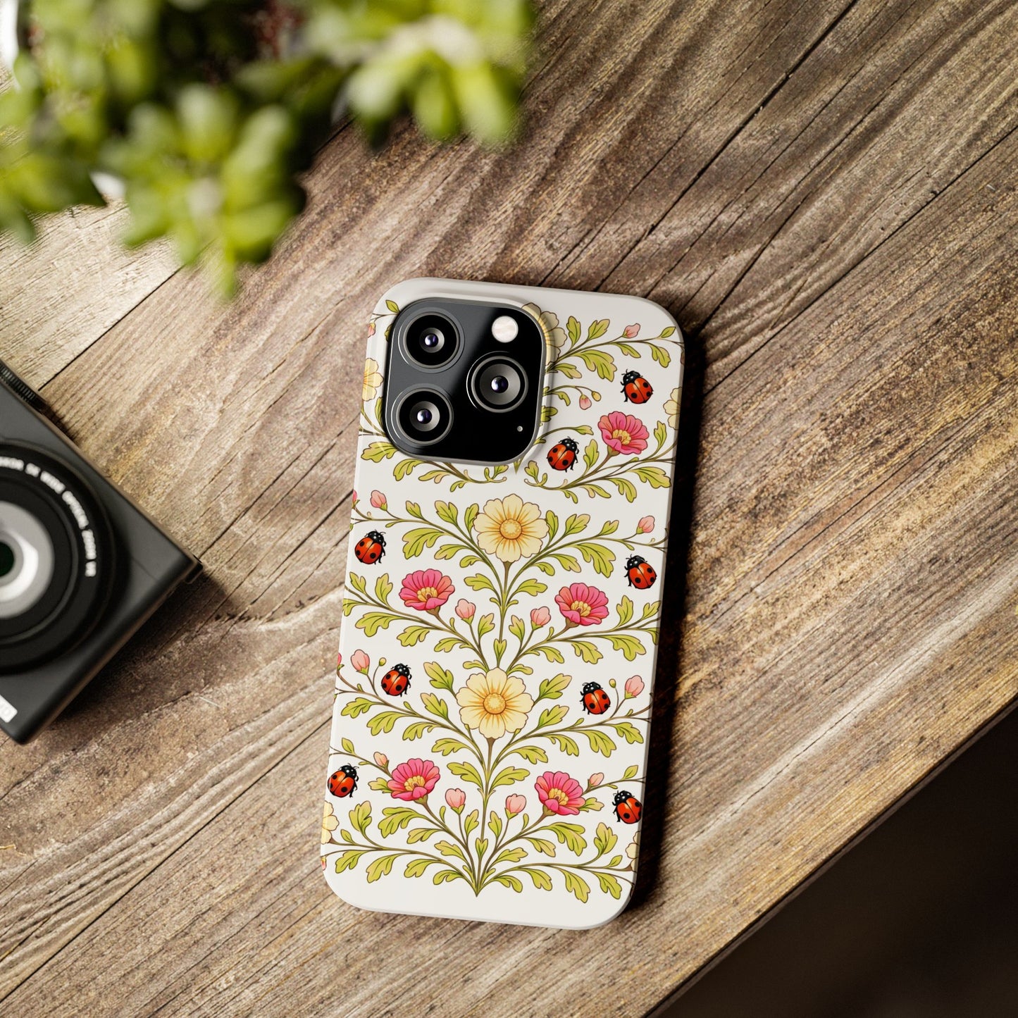 Floral Ladybug Slim Phone Case — Vintage Garden Pattern