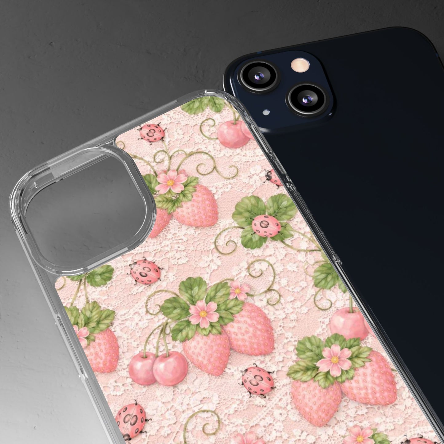 Pink Strawberry Pattern Clear Case | Floral Phone Case, Cute Fruit Design
