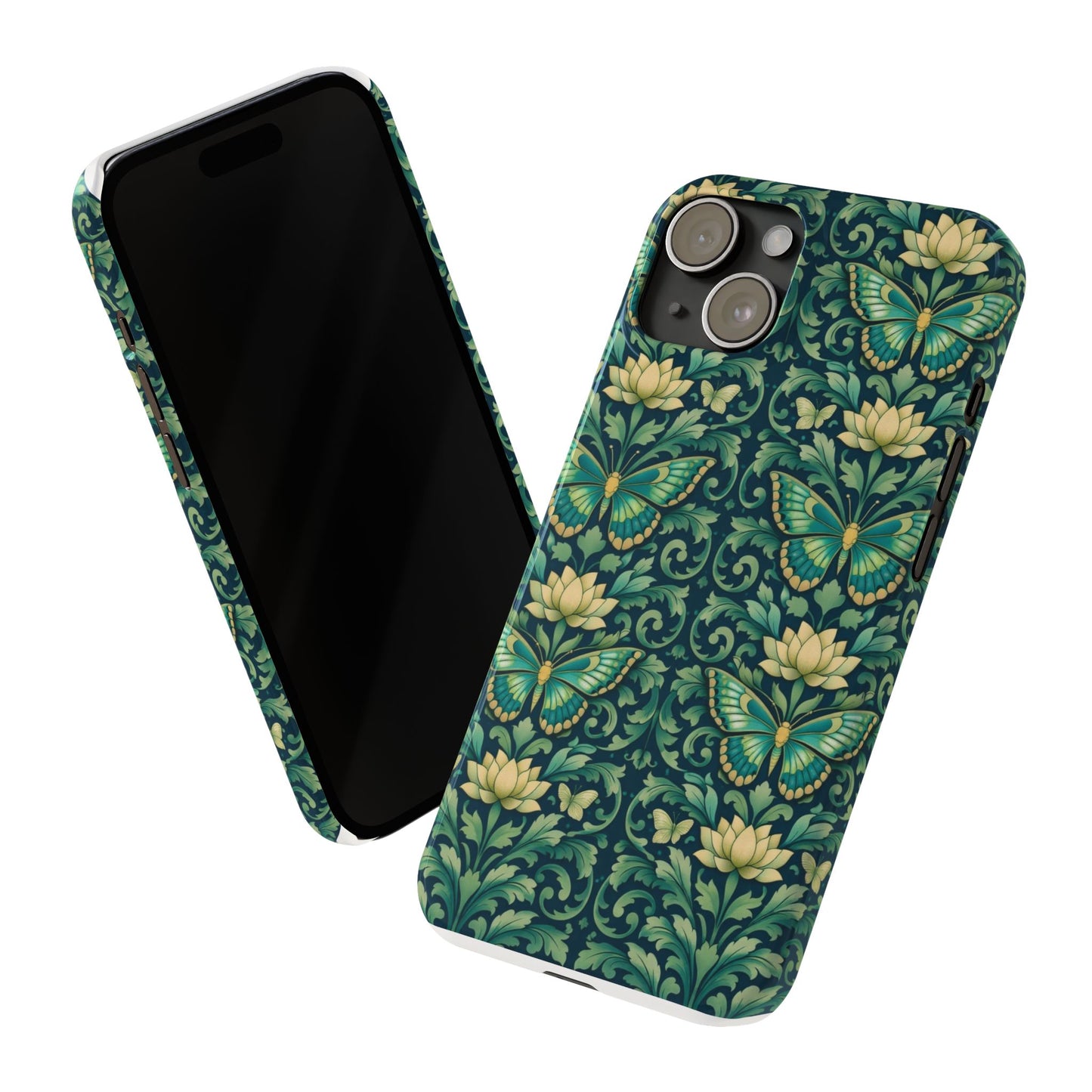 Slim Phone Case — Vintage Green Butterfly & Lotus Pattern