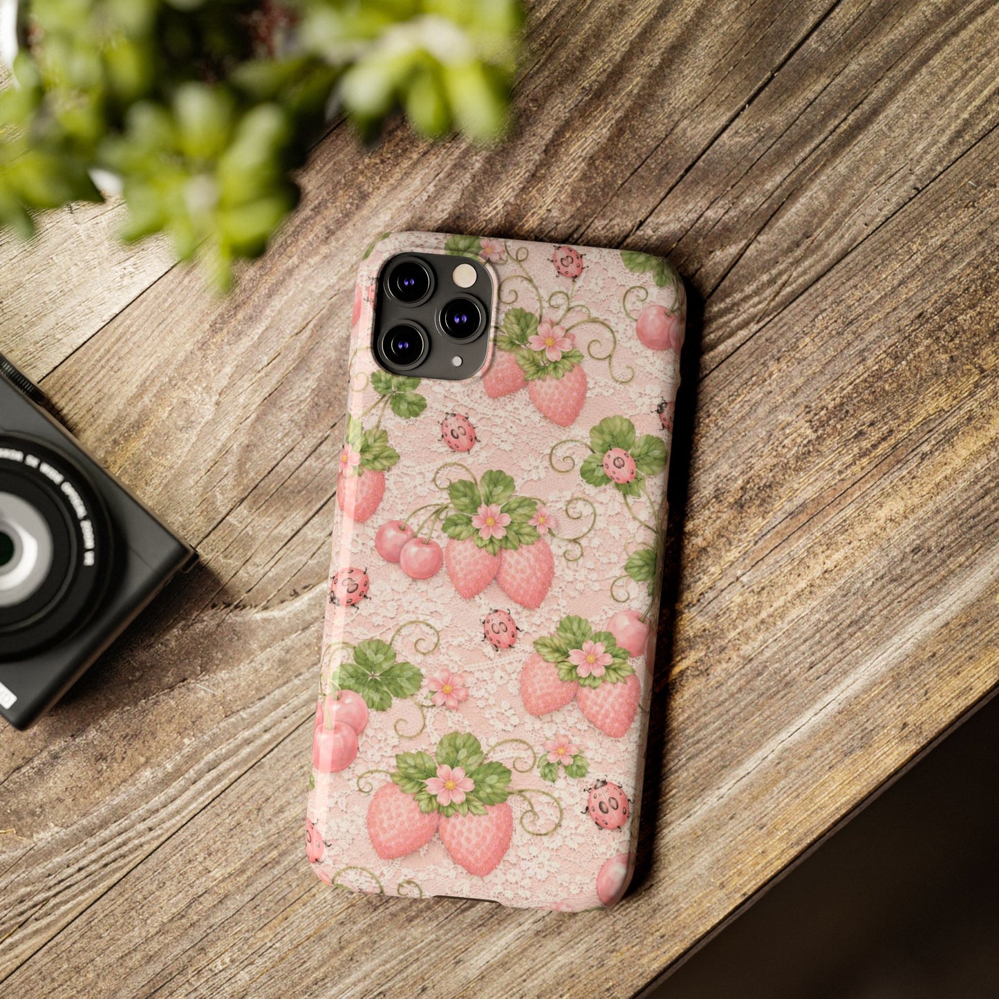 Strawberry Pattern Slim Phone Case — Vintage Pink Floral Fruit Design