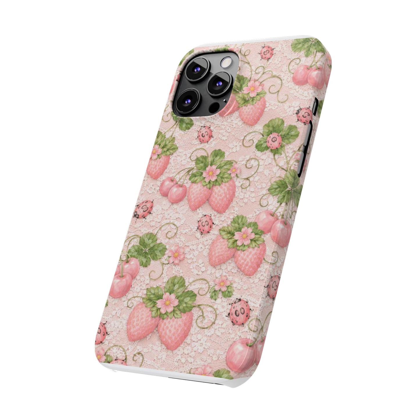 Strawberry Pattern Slim Phone Case — Vintage Pink Floral Fruit Design