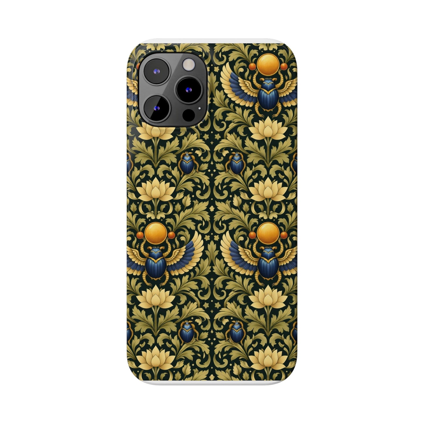 Slim Phone Case — Vintage Egyptian Scarab & Lotus Pattern (Gold on Olive)