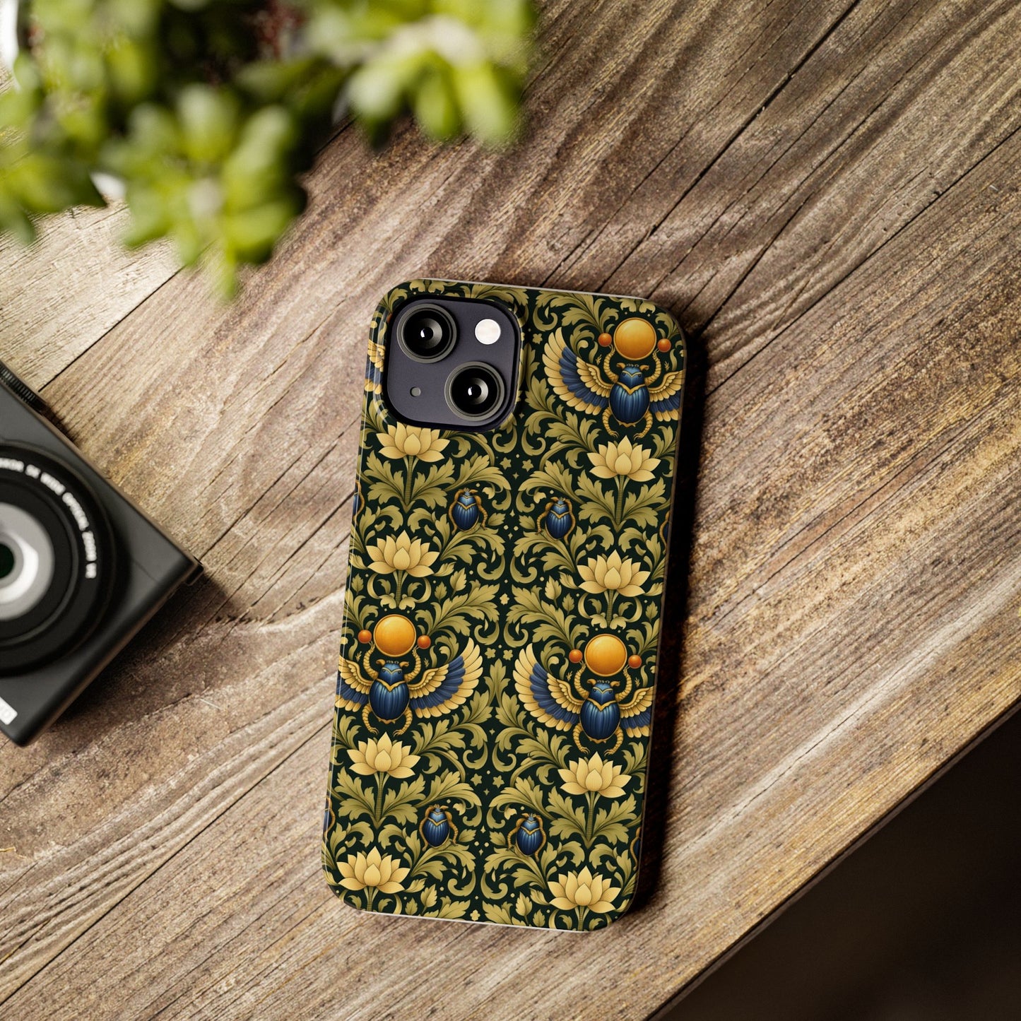 Slim Phone Case — Vintage Egyptian Scarab & Lotus Pattern (Gold on Olive)