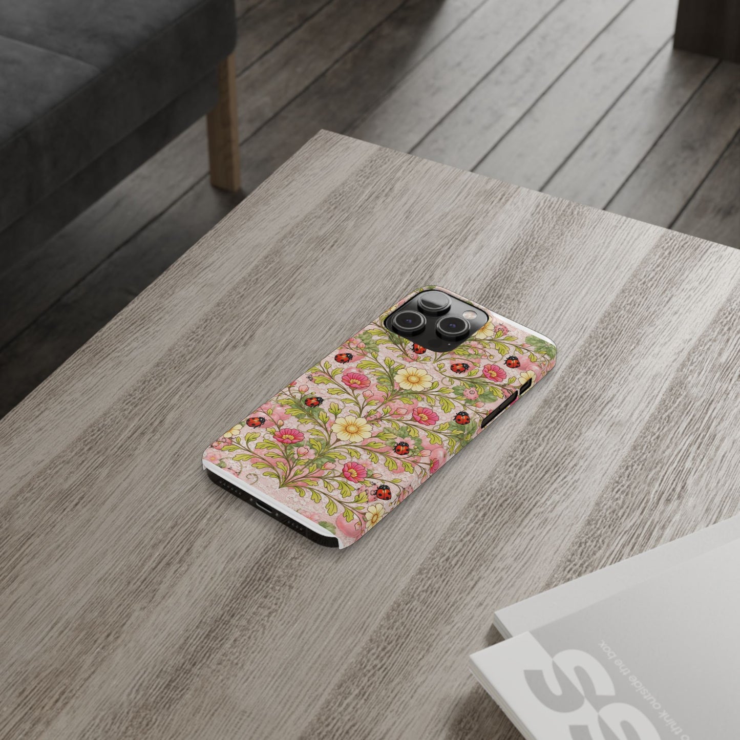 Floral Ladybug Slim Phone Case — Vintage Botanical Pink Garden Design