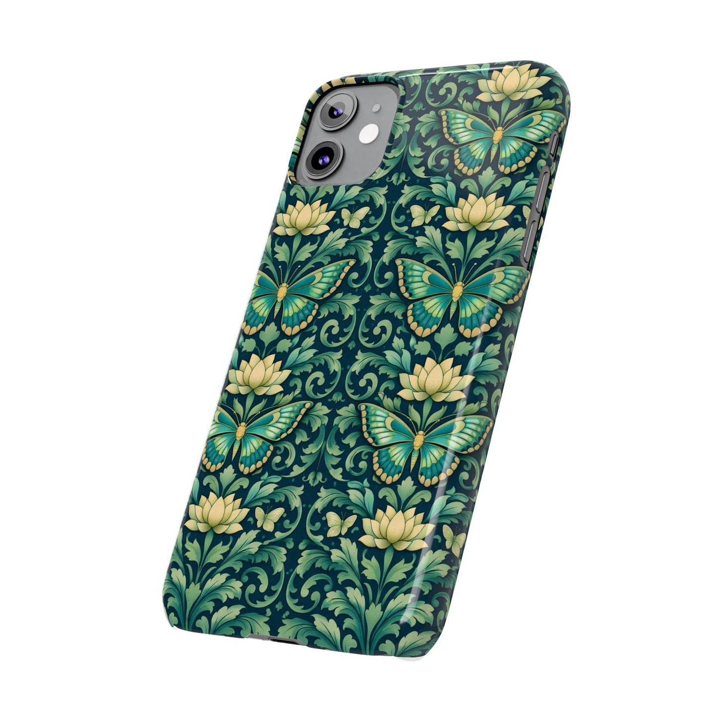 Slim Phone Case — Vintage Green Butterfly & Lotus Pattern