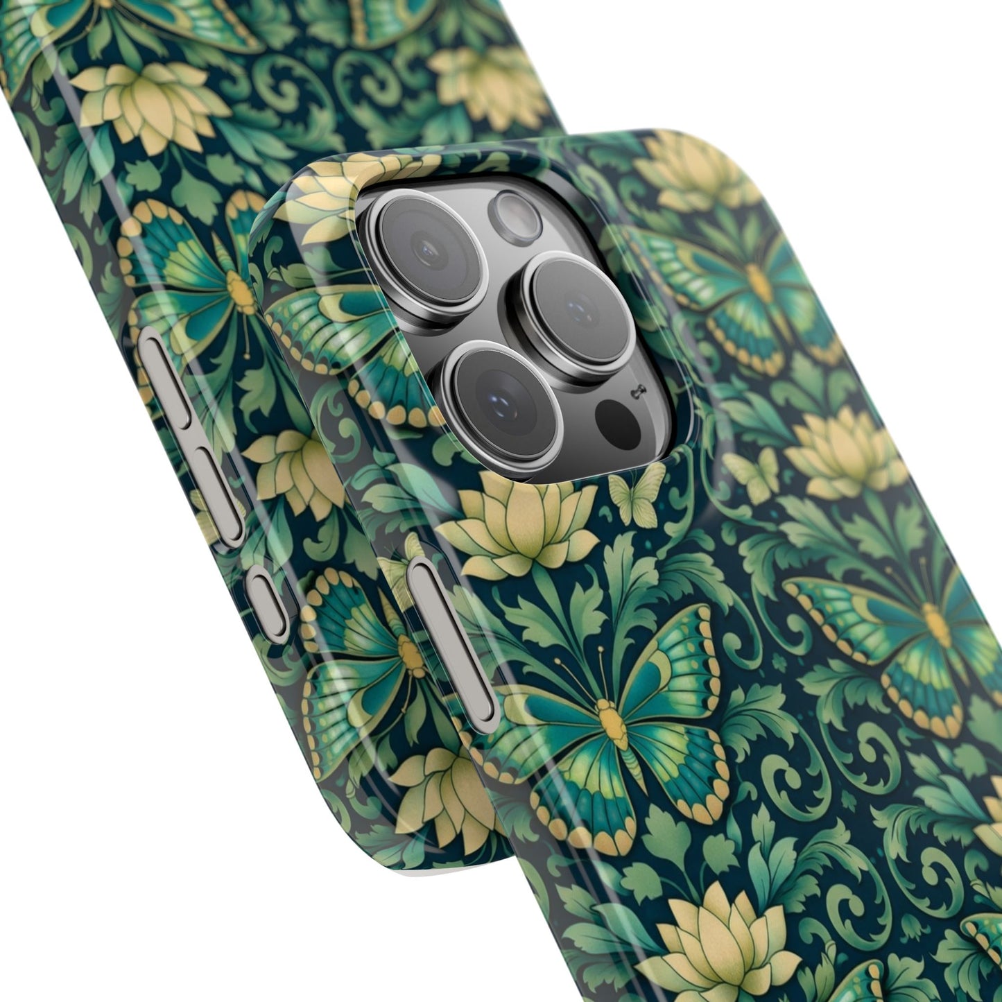 Slim Phone Case — Vintage Green Butterfly & Lotus Pattern