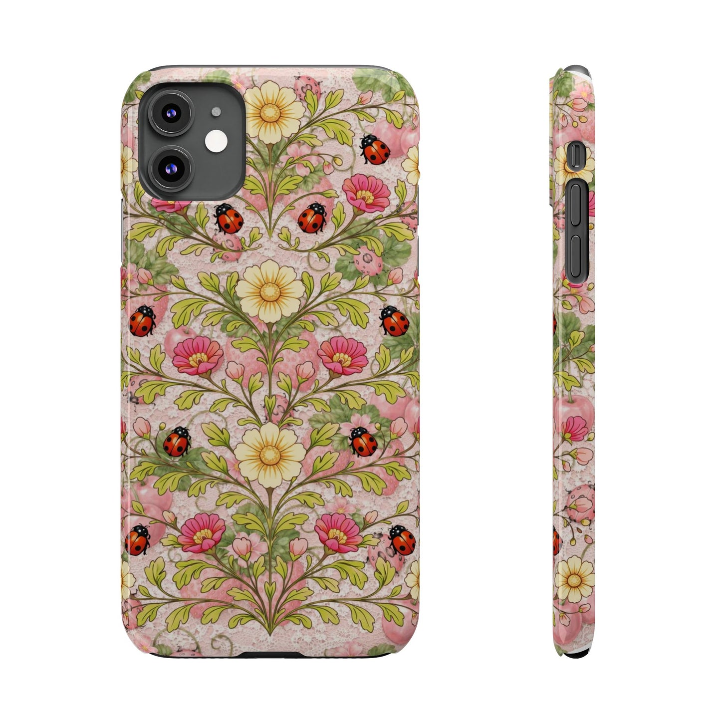 Floral Ladybug Slim Phone Case — Vintage Botanical Pink Garden Design