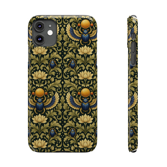 Slim Phone Case — Vintage Egyptian Scarab & Lotus Pattern (Gold on Olive)