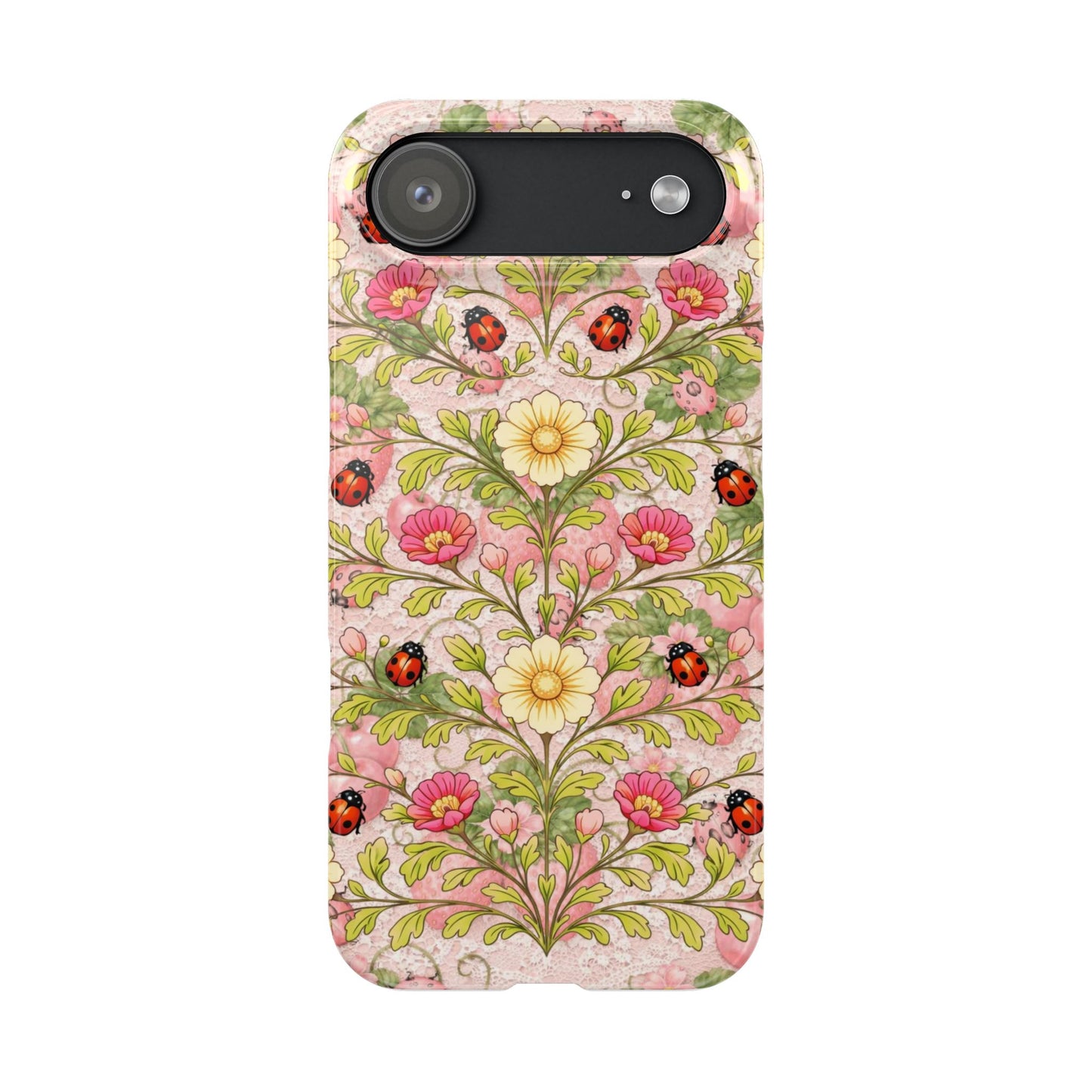 Floral Ladybug Slim Phone Case — Vintage Botanical Pink Garden Design