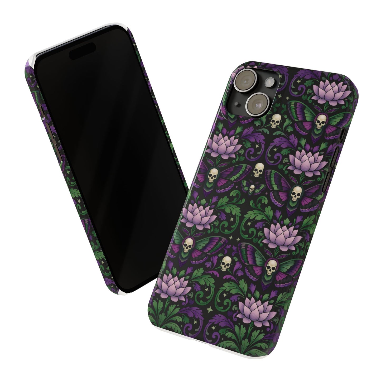 Gothic Lotus & Skull Slim Phone Case — Dark Floral Pattern for iPhone