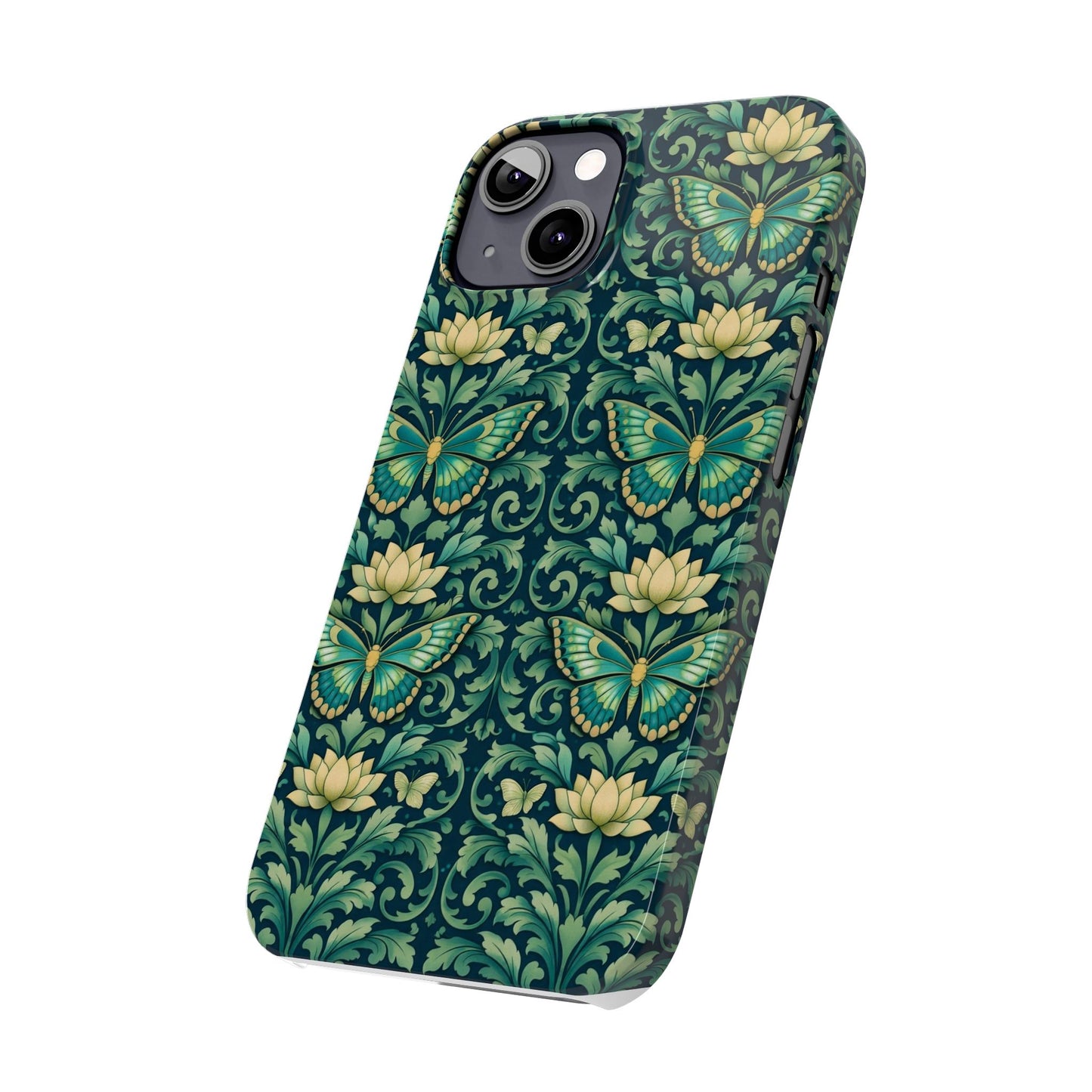 Slim Phone Case — Vintage Green Butterfly & Lotus Pattern