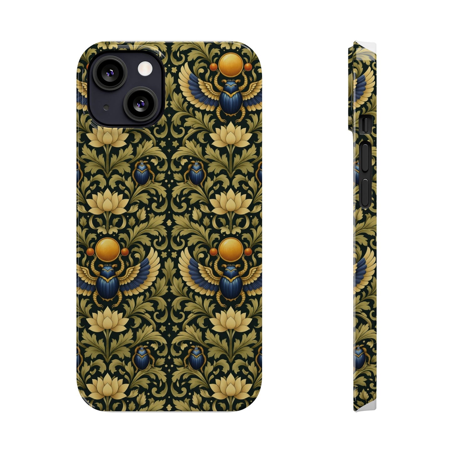 Slim Phone Case — Vintage Egyptian Scarab & Lotus Pattern (Gold on Olive)