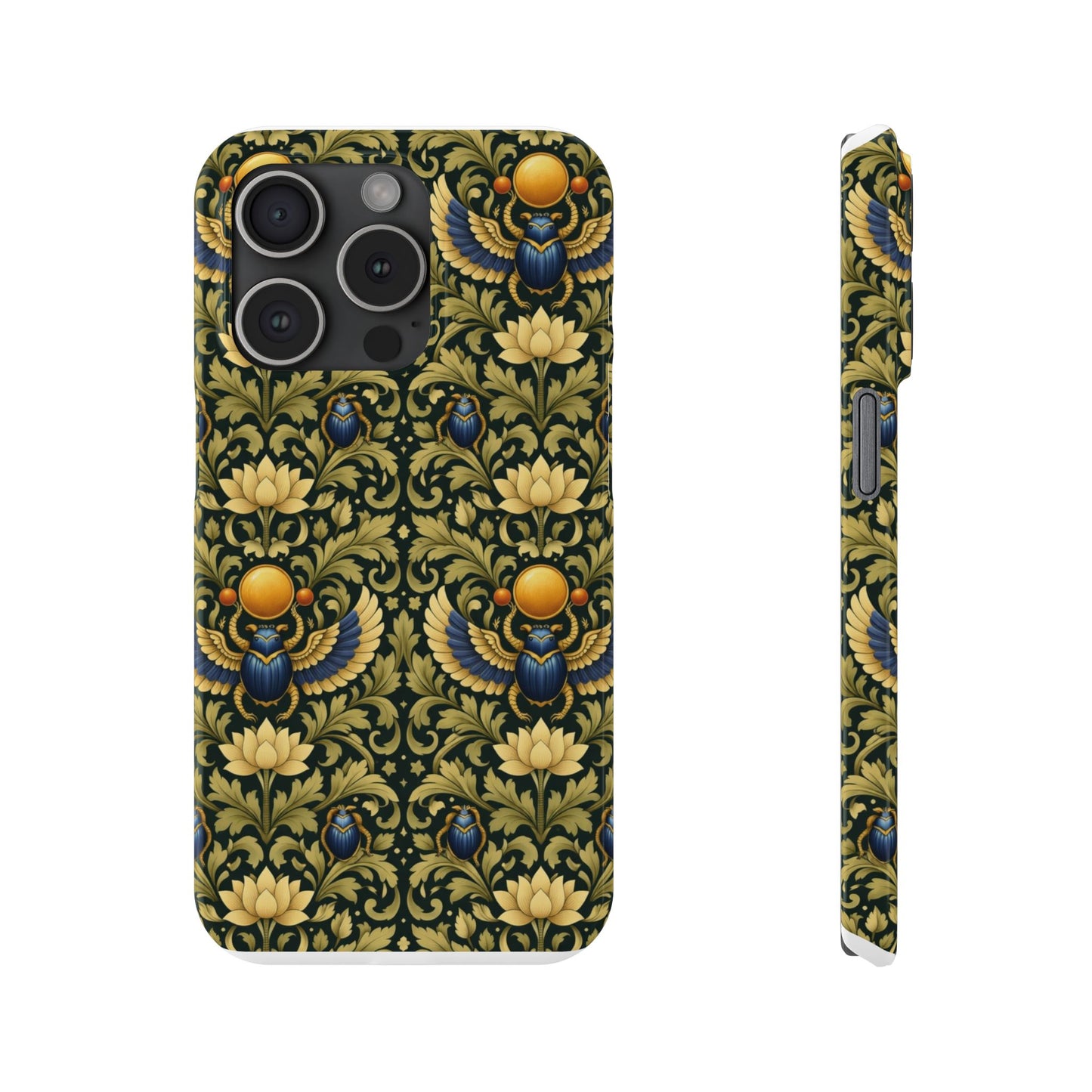 Slim Phone Case — Vintage Egyptian Scarab & Lotus Pattern (Gold on Olive)