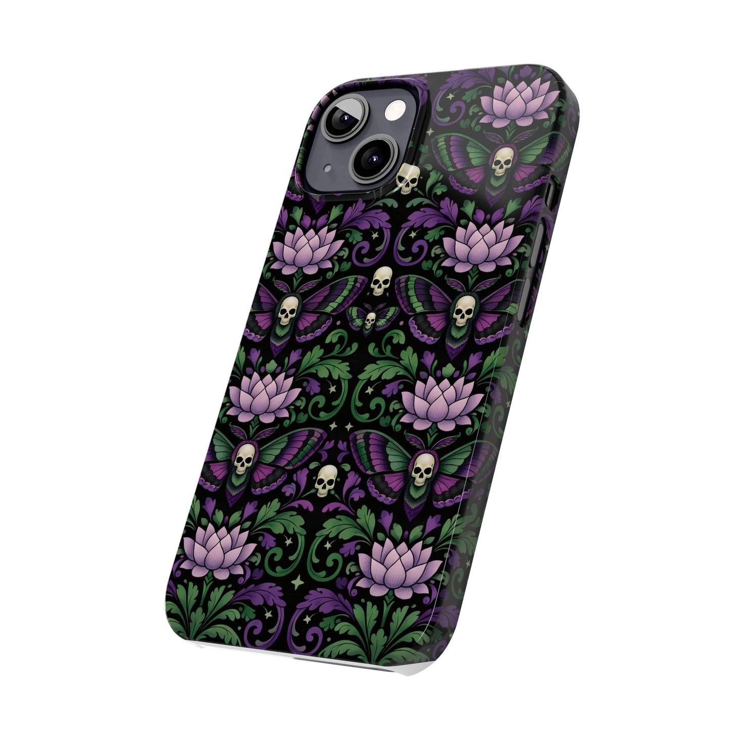 Gothic Lotus & Skull Slim Phone Case — Dark Floral Pattern for iPhone