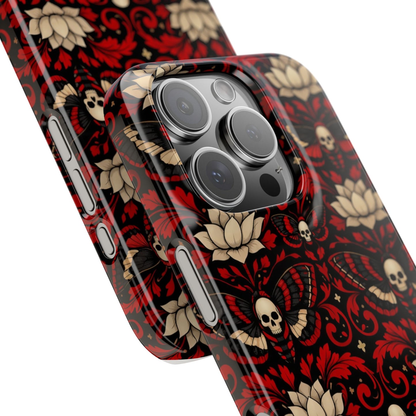 Gothic Skull & Lotus Slim Phone Case — Red Damask Moth Pattern