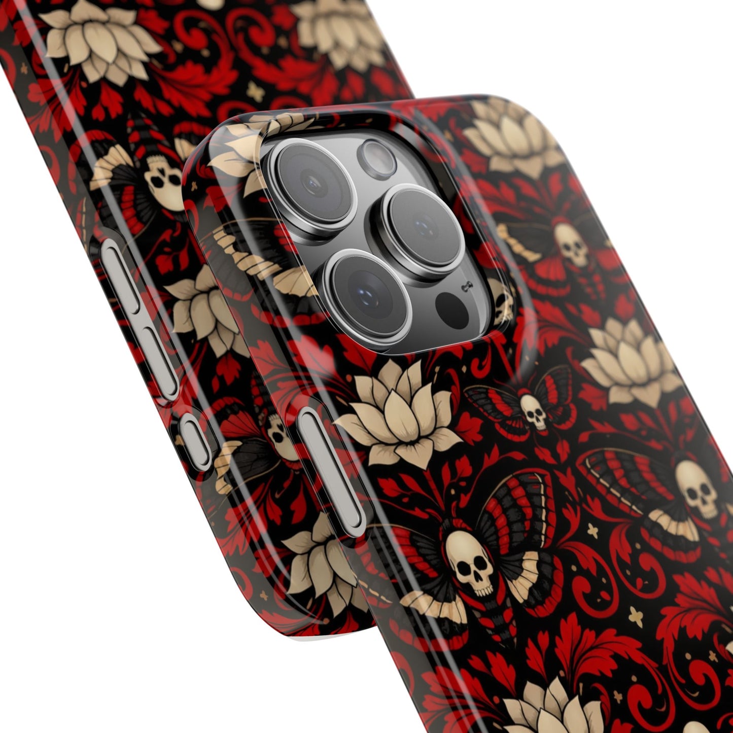 Gothic Skull & Lotus Slim Phone Case — Red Damask Moth Pattern