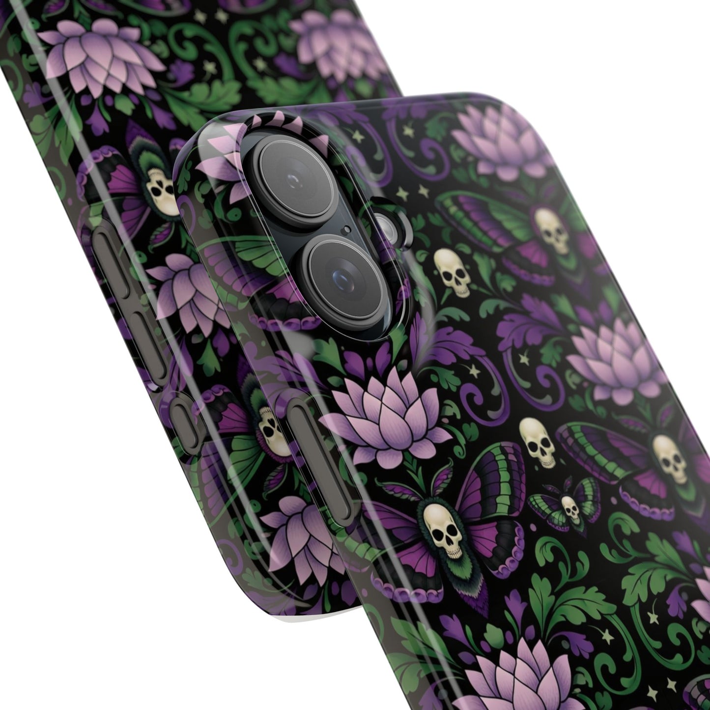 Gothic Lotus & Skull Slim Phone Case — Dark Floral Pattern for iPhone