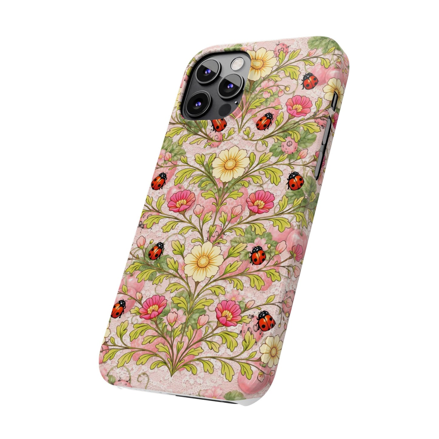 Floral Ladybug Slim Phone Case — Vintage Botanical Pink Garden Design