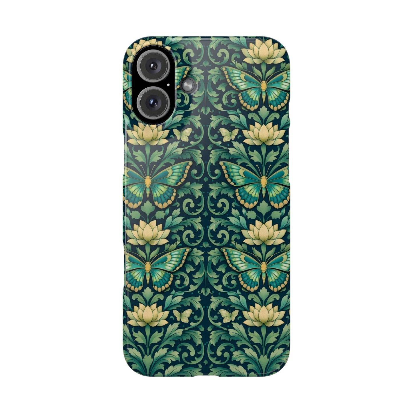 Slim Phone Case — Vintage Green Butterfly & Lotus Pattern
