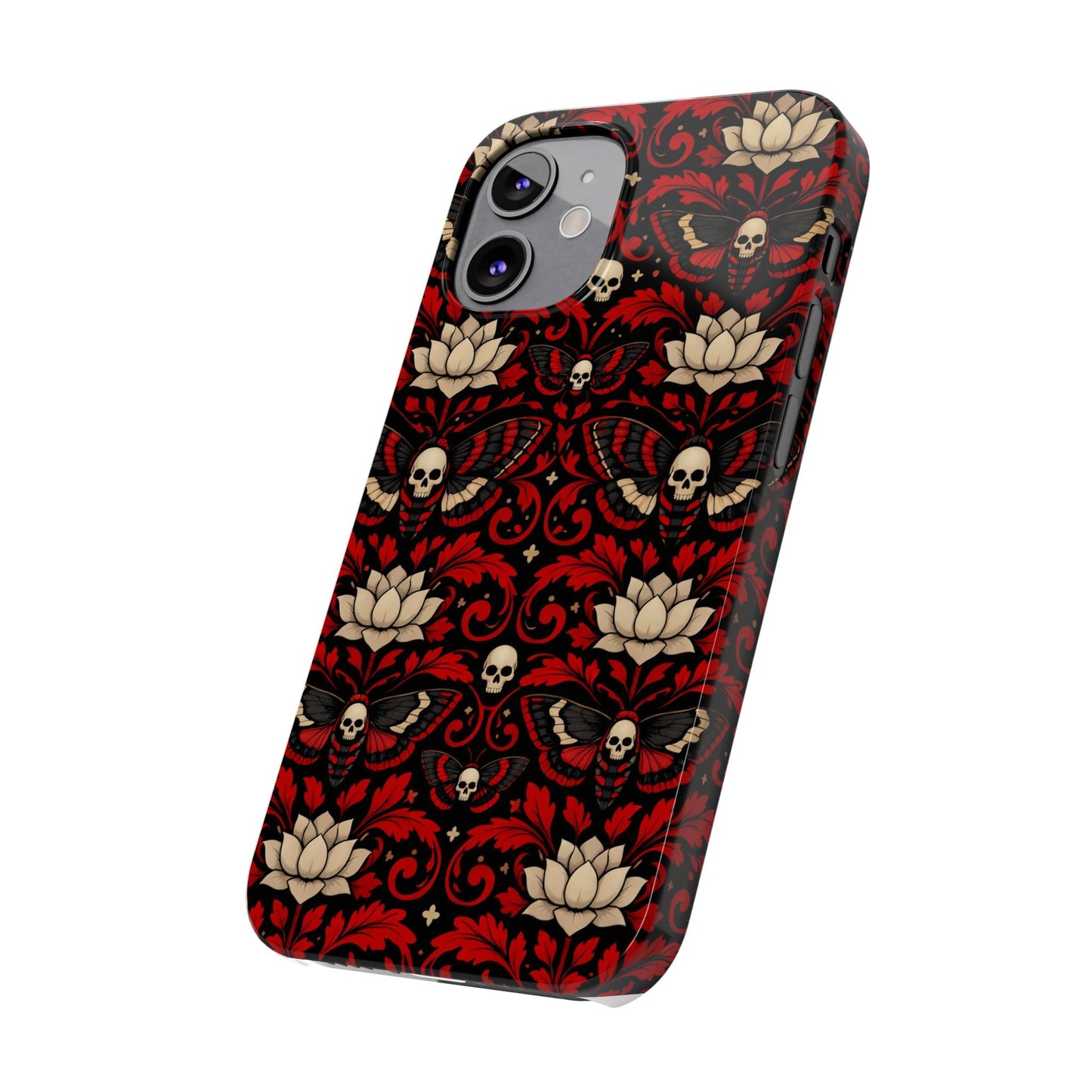 Gothic Skull & Lotus Slim Phone Case — Red Damask Moth Pattern