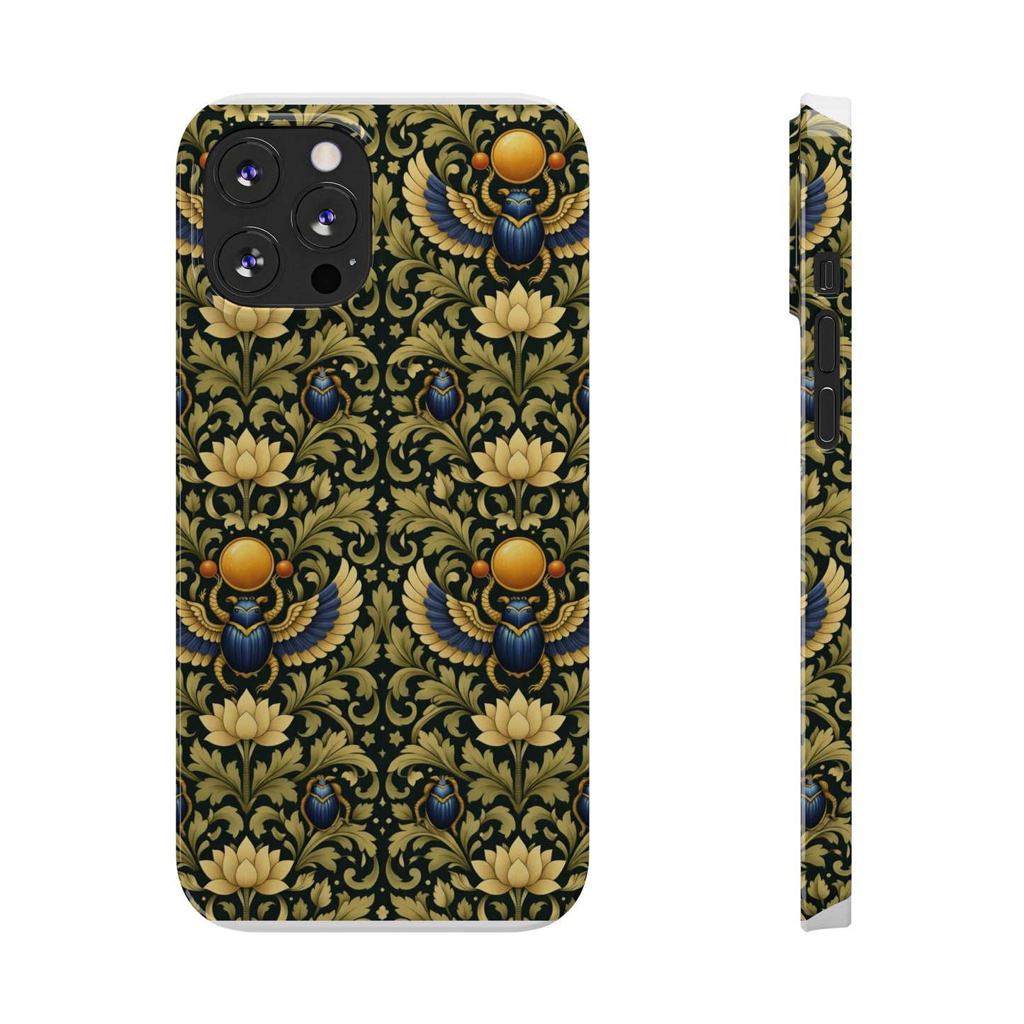 Slim Phone Case — Vintage Egyptian Scarab & Lotus Pattern (Gold on Olive)