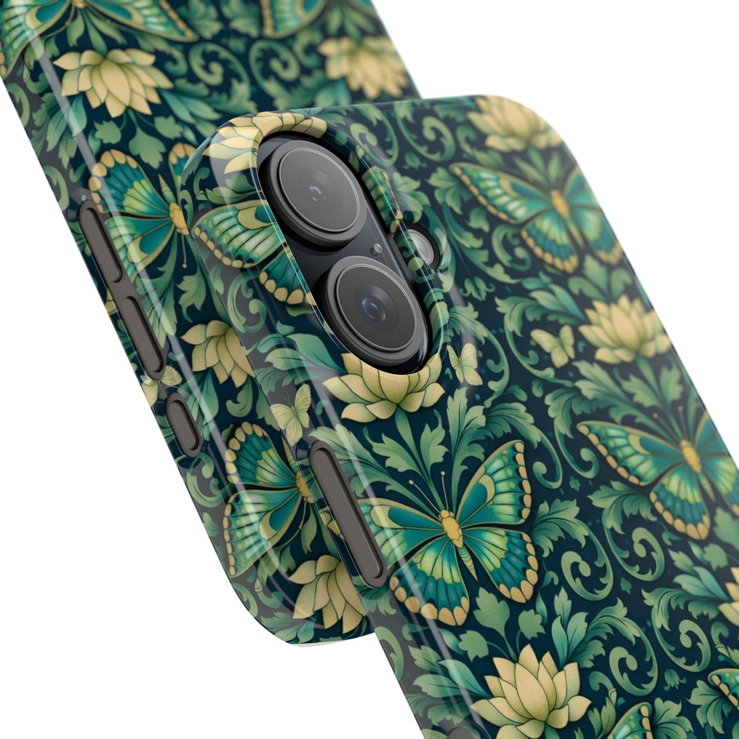 Slim Phone Case — Vintage Green Butterfly & Lotus Pattern