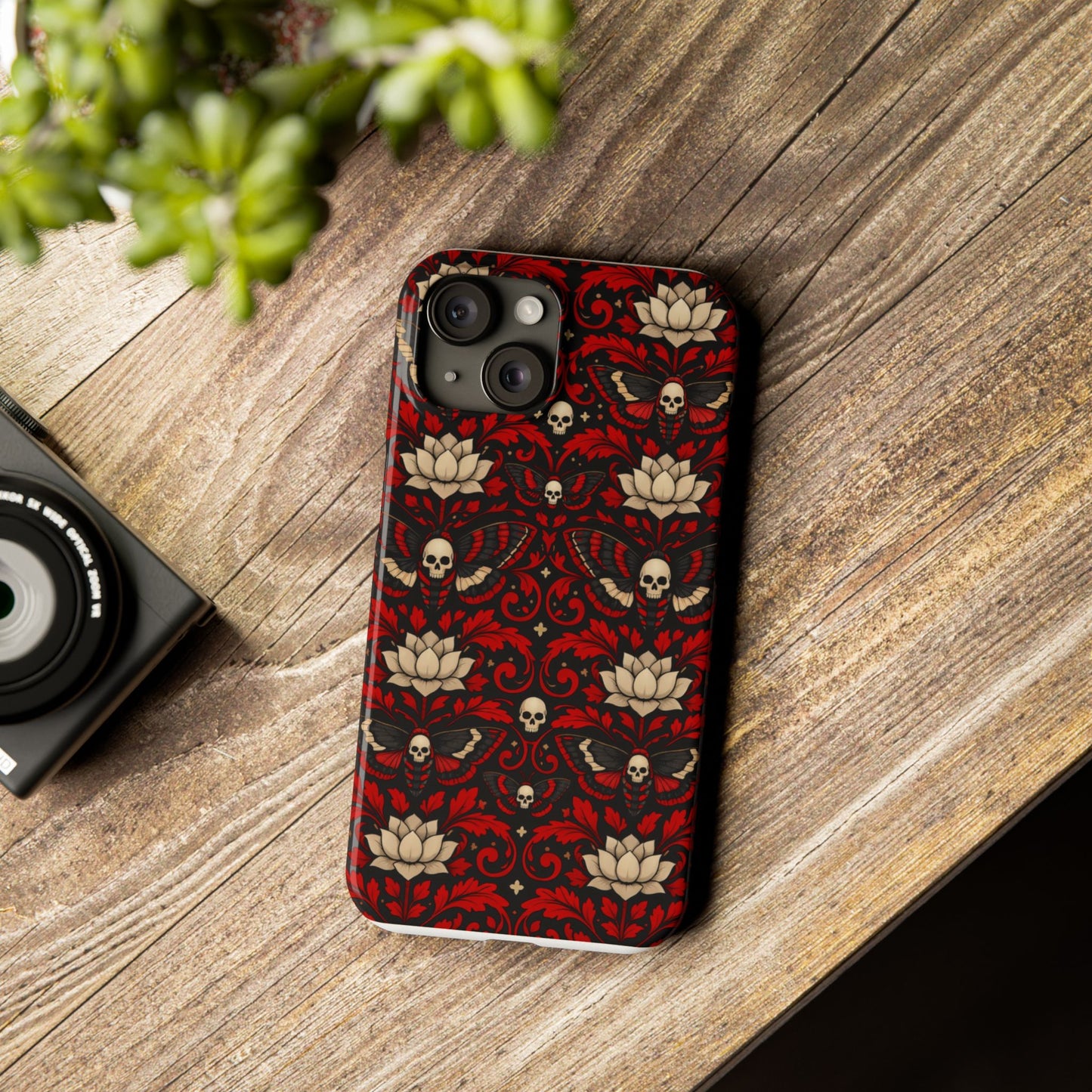 Gothic Skull & Lotus Slim Phone Case — Red Damask Moth Pattern